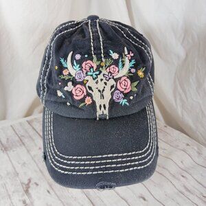 Kbethos Vintage Faded Black Baseball Hat Pastel Floral Cow Skull Patch Women OS